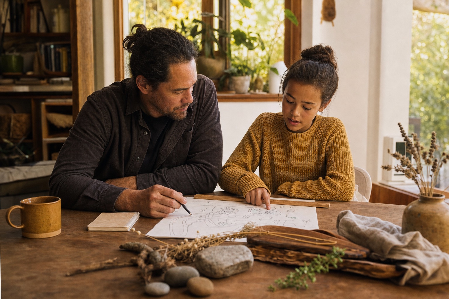 A parent and child discuss a hand-drawn plan for a family project at the kitchen table