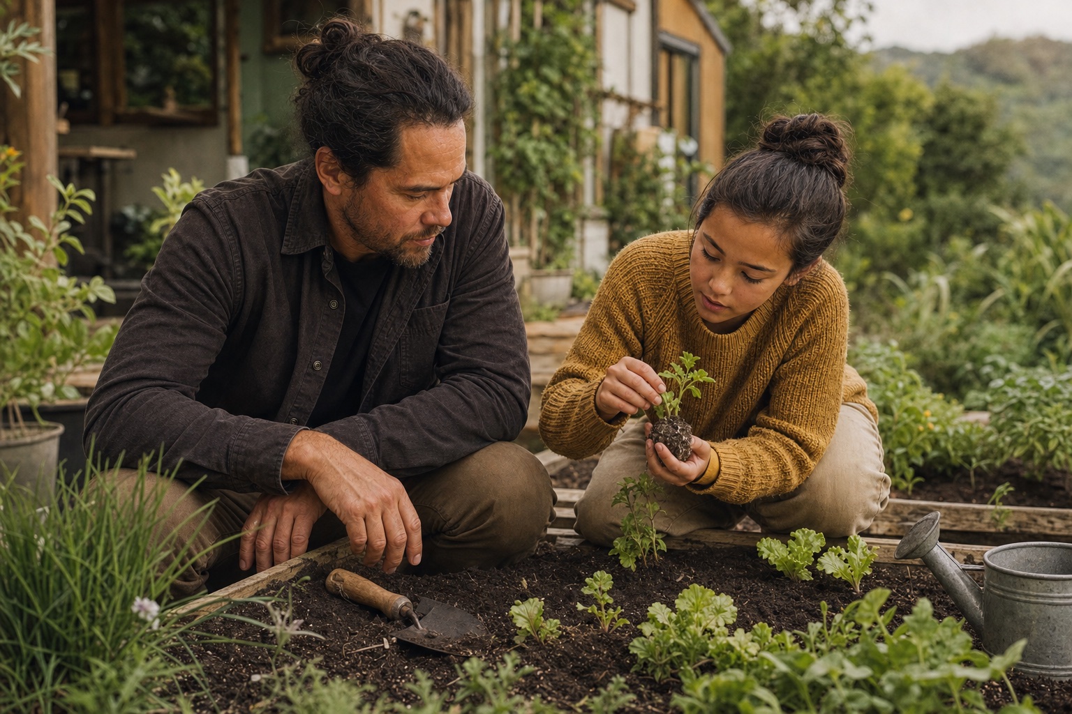 A parent and child examine a seedling together in a home vegetable garden