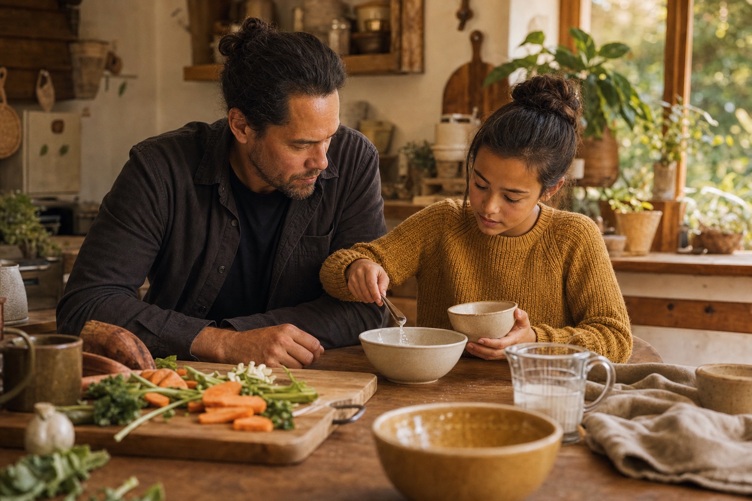 A parent watches as a child measures ingredients while preparing a family meal