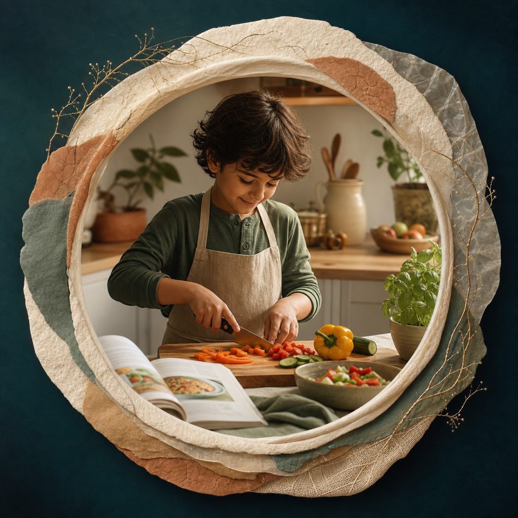 A child safely preparing a meal with vegetables in a home kitchen