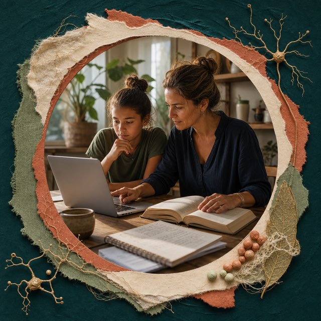 An older child and parent cross-checking a computer response against a reference book