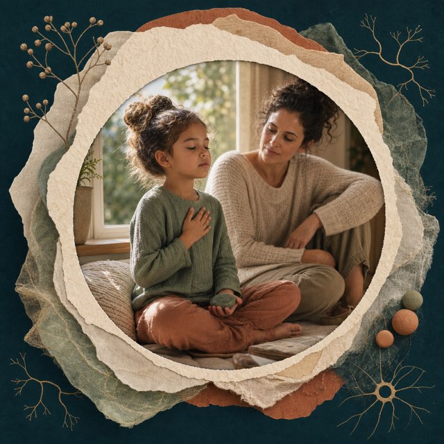 A child using slow breathing and a grounding object with a caregiver nearby