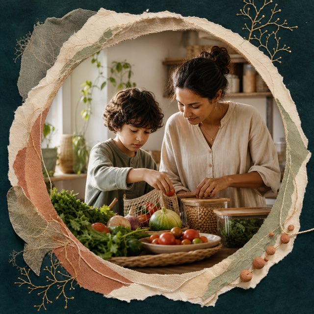 A parent and child sorting ingredients and food storage before cooking