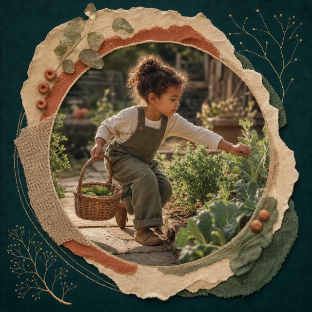 A child reaching and carrying a basket while tending a garden