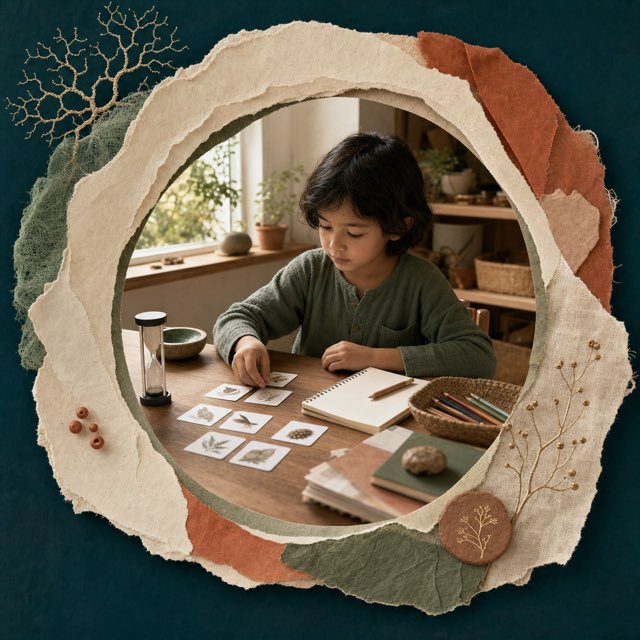 A child arranging picture cards and materials for independent learning