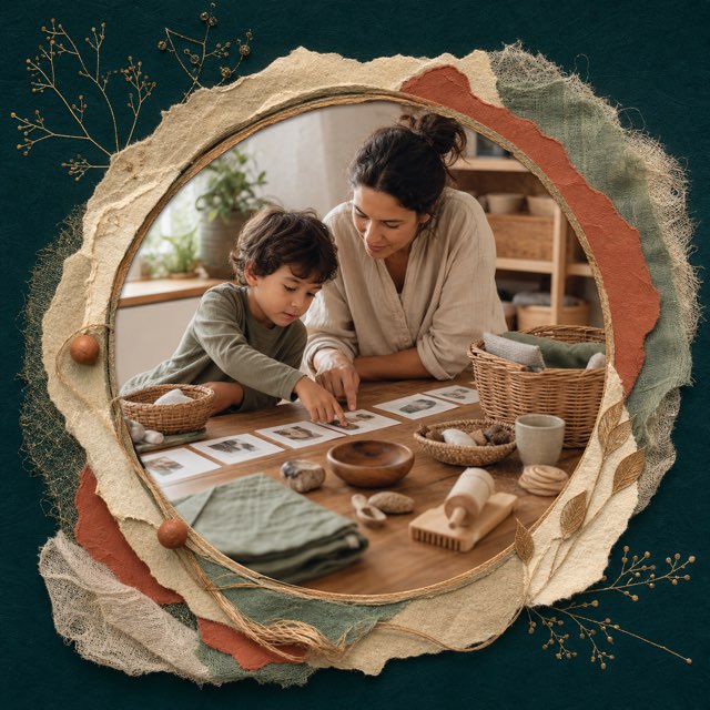 A parent and child arranging picture cards and objects into a useful sequence