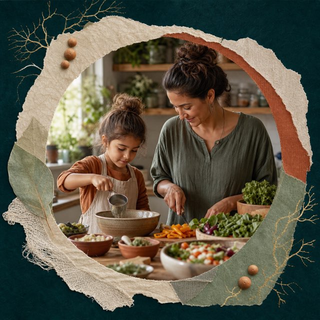 A parent and child preparing a family meal together in a warm home kitchen