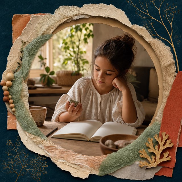 A child reflecting quietly with a journal and a meaningful object