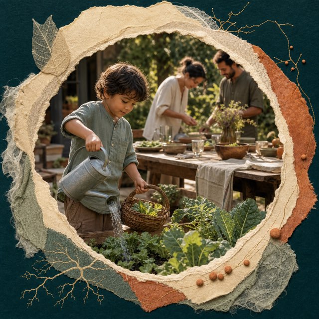 A child contributing to family life by tending food plants