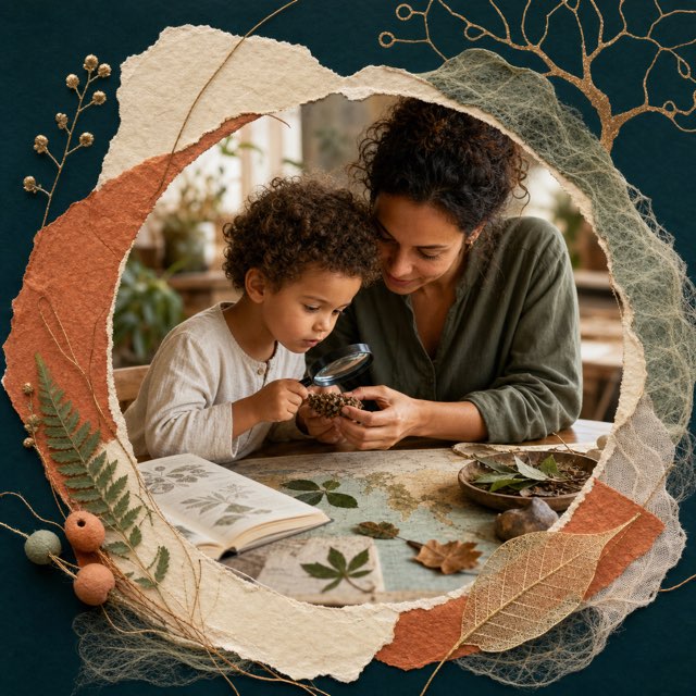 A parent and child examining a natural specimen together