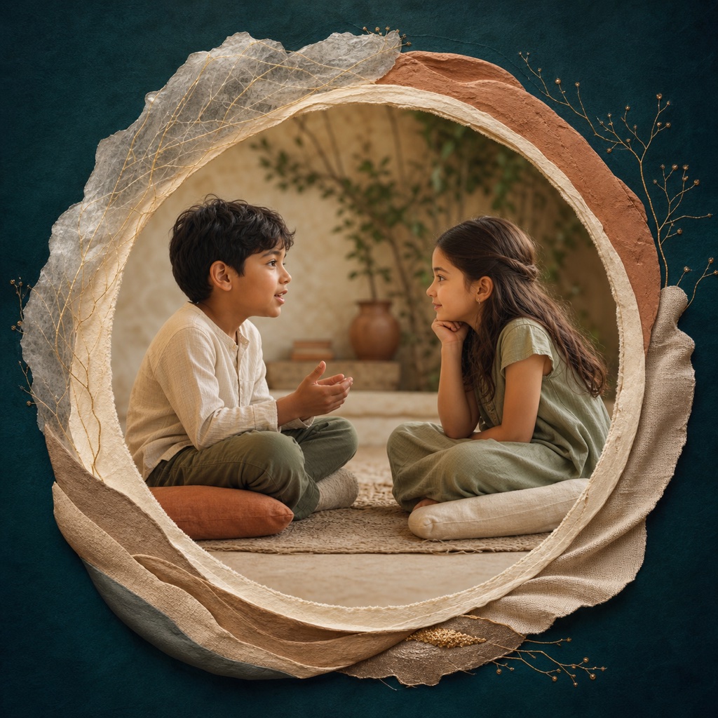 A parent and child listening and talking together in a calm home setting