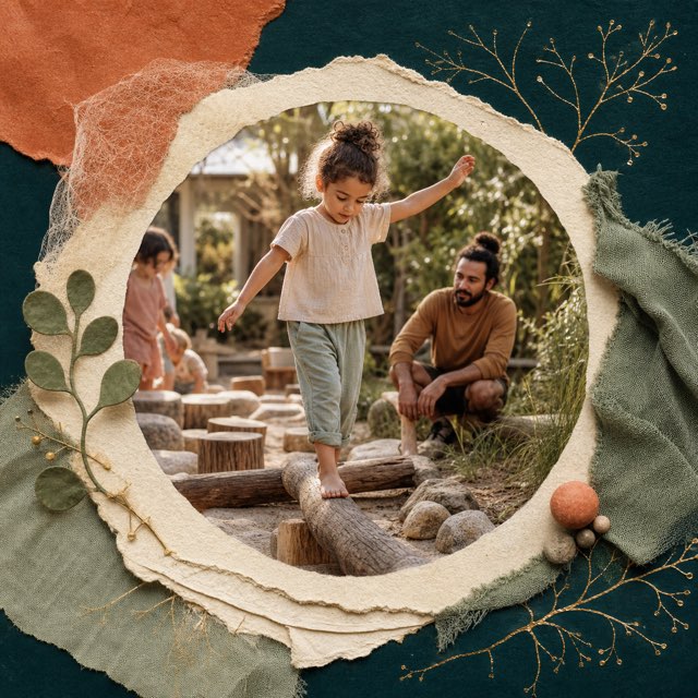 A child balancing confidently through a natural outdoor movement course