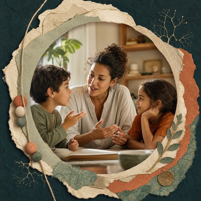 Children and a parent listening and sharing ideas together