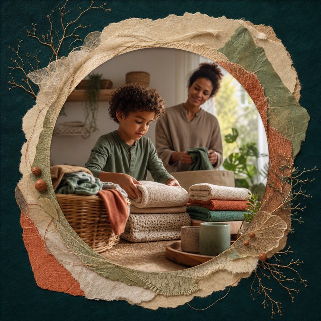 A child folding household laundry with a parent nearby
