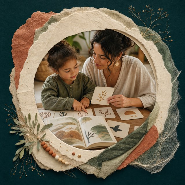 A child and parent exploring story cards, symbols and an illustrated book