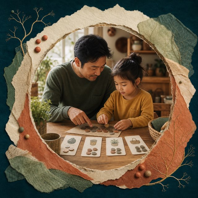 A parent and child comparing coins and household choices