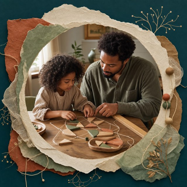 A parent and child reasoning with wooden shapes, string and measurement