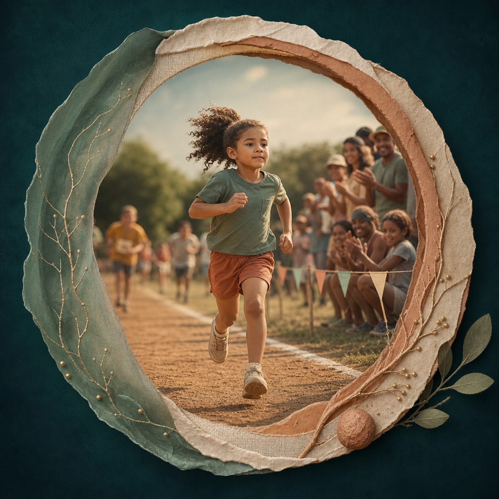 A child running with focus in a friendly outdoor community race