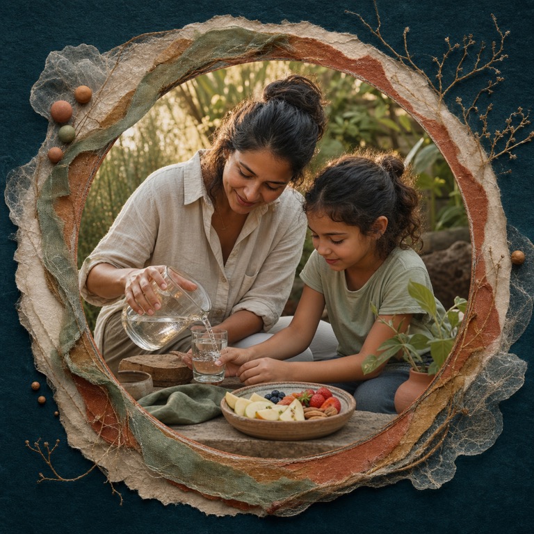 A parent and child preparing water and a healthy snack together
