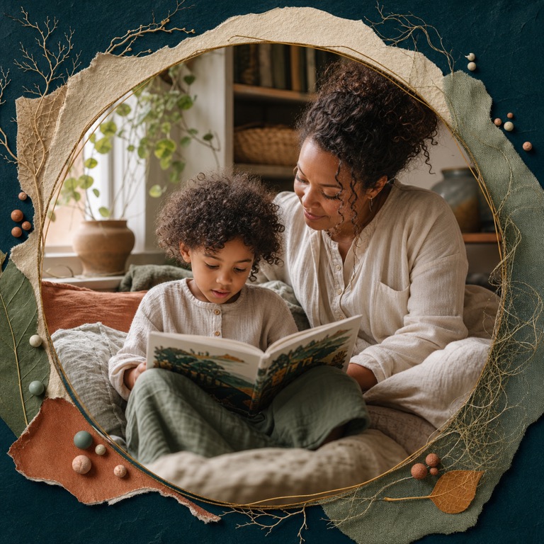 A parent and child sharing an illustrated book together at home