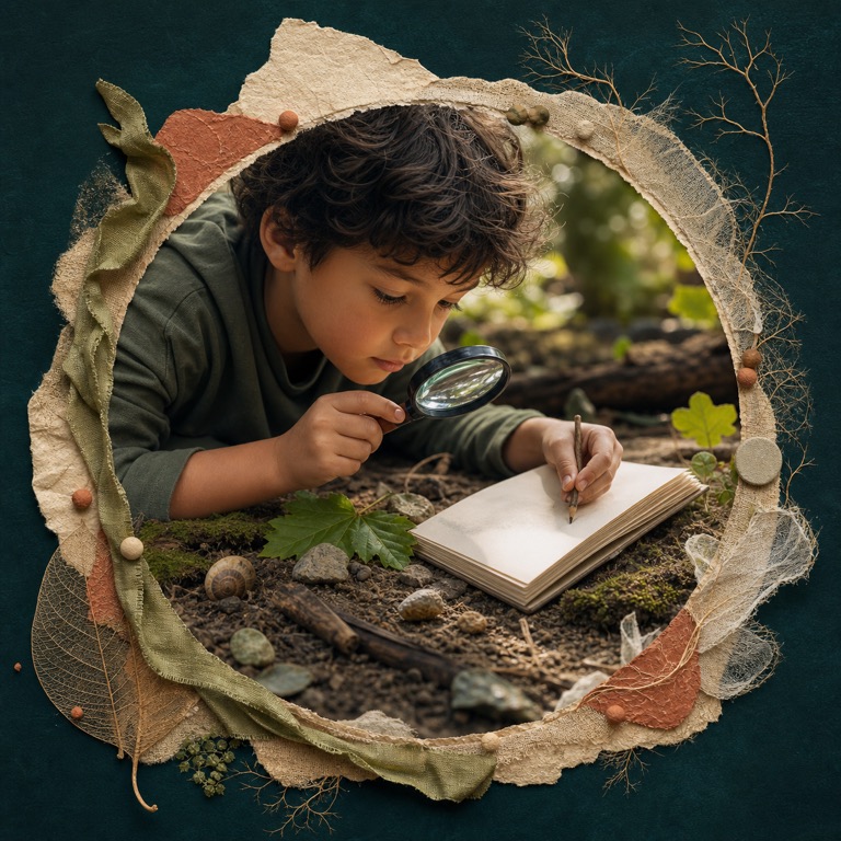 A child examining a natural object with a magnifying glass and notebook