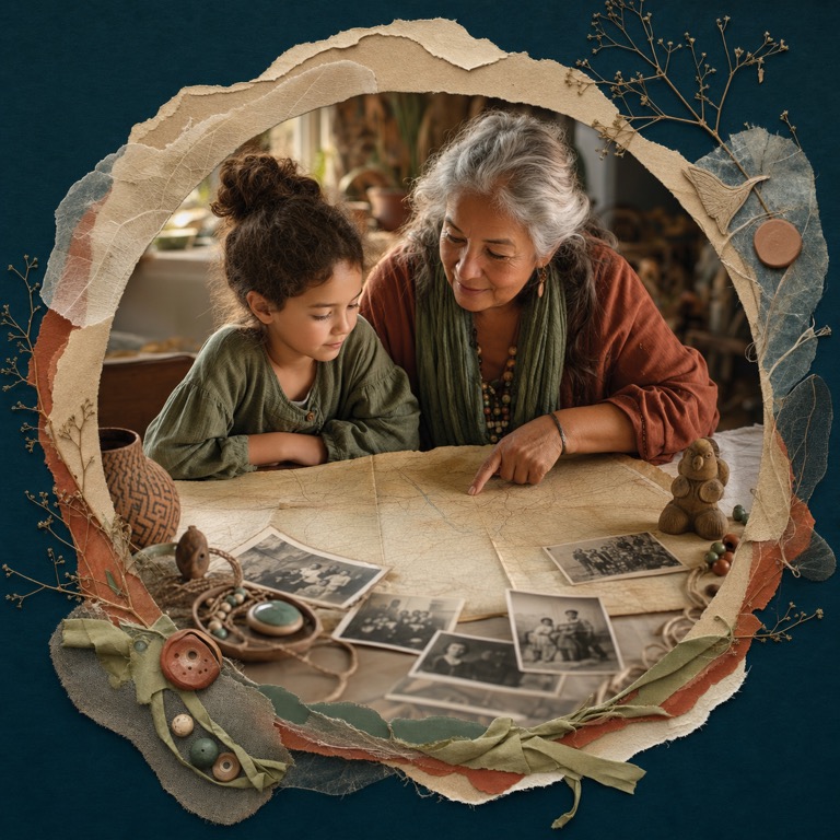 A child and older family member exploring a map and family photographs