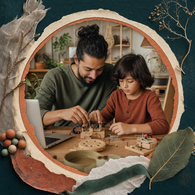 A parent and child building a small electronics project beside a laptop