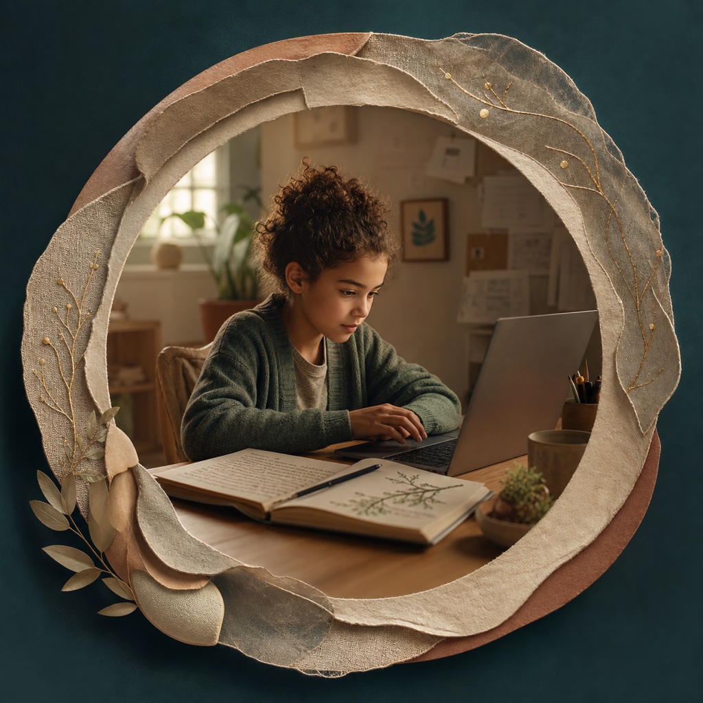 A child using a laptop thoughtfully at a warm home workspace